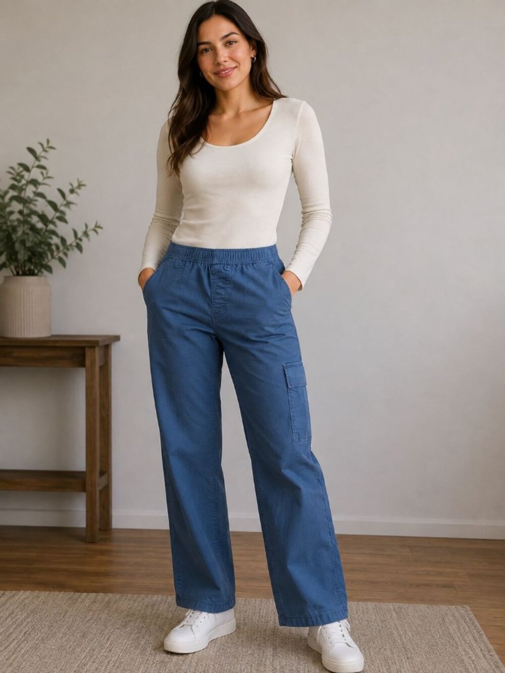 Chicos Womens Size 1 Blue Cargo Pants With Zipper Hem Pockets Elastic Waistband